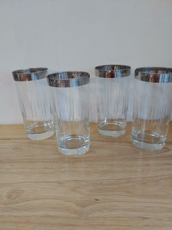 4 Silver Rimmed Dorothy Thorpe Set Glasses Tumblers Vintage Cut Etched Design Mid centiry