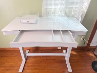 White Glass Top Electric Standing Desk – Built-in Wireless Charger & Storage Drawer
