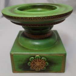Vintage Ceramic Pillar Candle Holder - Green With Gold - Can Hold 2 Size Candles 2 1/4"  &  3 1/4" Size, Made In Japan,  Measures 5"H x 6"W 