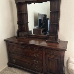 Vintage Dark Wood Dresser w/ Vanity & Matching Nightstand Set