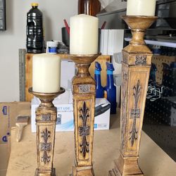 3 Ornate Candle Holders w/Candles
