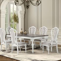 ANTIQUE WHITE DARK WALNUT FINISH 7 PIECE DINING TABLE SET