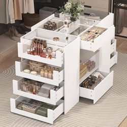 Closet Island with Drawers, Wardrobe Armoire Bedroom Island, Glass Display Shelf & 12 Drawers, White Dresser with Glass Top, Walk-in Closet Island for
