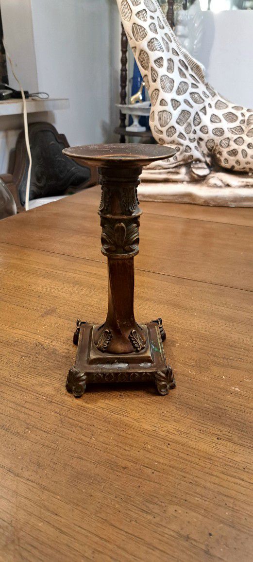 Vintage Metal/Resin Footed Candleholder For Pillar Or Taper Bronze Gold Verdigris Highlights 