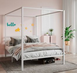 Metal Canopy Bed Frame Full Size/Mattress Foundation with Metal Slats Support/No Box Spring Needed/Easy Assembly/White  Material Metal Product Dimensi