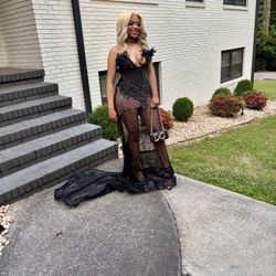 Black Beaded Gown w/ Corset Top and Train