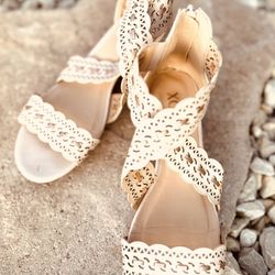 Xoxo Blush Pink Eyelet Back Zip Faux Leather Open Toe Wedge Heel Sandals