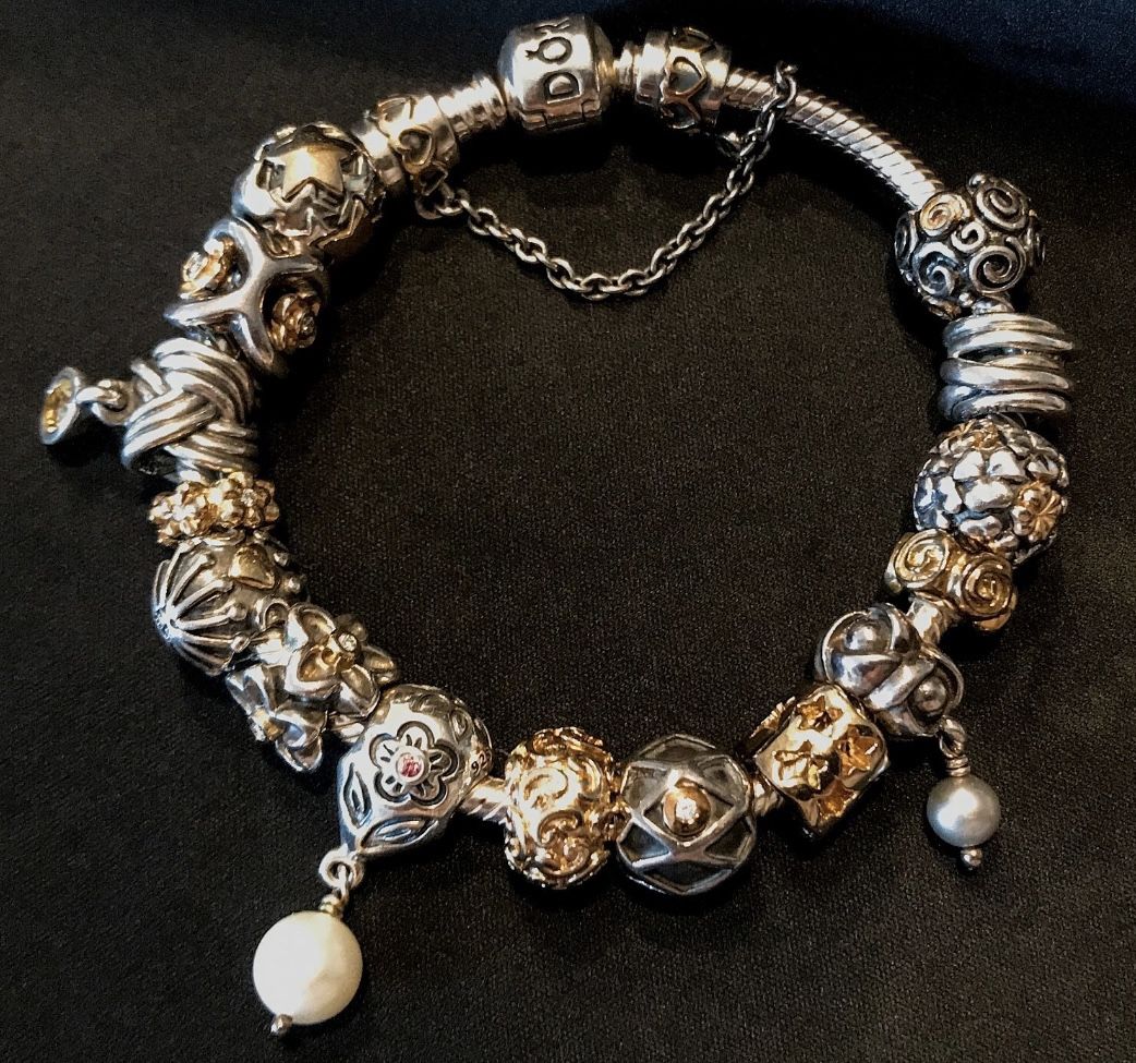 Pandora Sterling Silver/14K Bracelet with 16 Charms