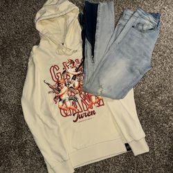Gang Gang Cream Pullover Hoodie & KDNK Zipped Flare Jeans