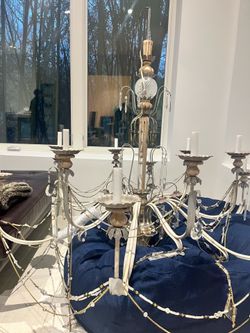 Vintage-Style Large Chandelier | White Distressed Wood & Metal | Crystal Drops + Beaded Chains | Multi-Light