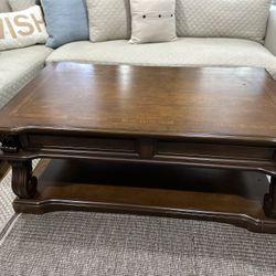 2 Drawer Scroll Lift Top Cocktail Table with Open Bottom Shelf, Brown With A Match End Table 