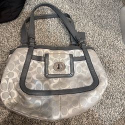 Coach Gray Logo Shoulder Bag Turn Lock Double Handles Lined Inner Pockets Charm