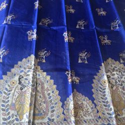 Beautiful New Royal Blue Madhubani Block Print Pure Murshidabad Silk Sari
