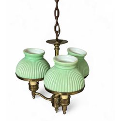 Antique Adjustable Height Chandelier with Original Jadeite Green Glasswork and Brass Detailing