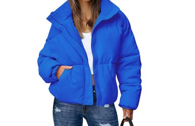 Gihuo Women's Winter Warm Puffer Jacket Stand Collar Jacket Outerwear(Blue-L)