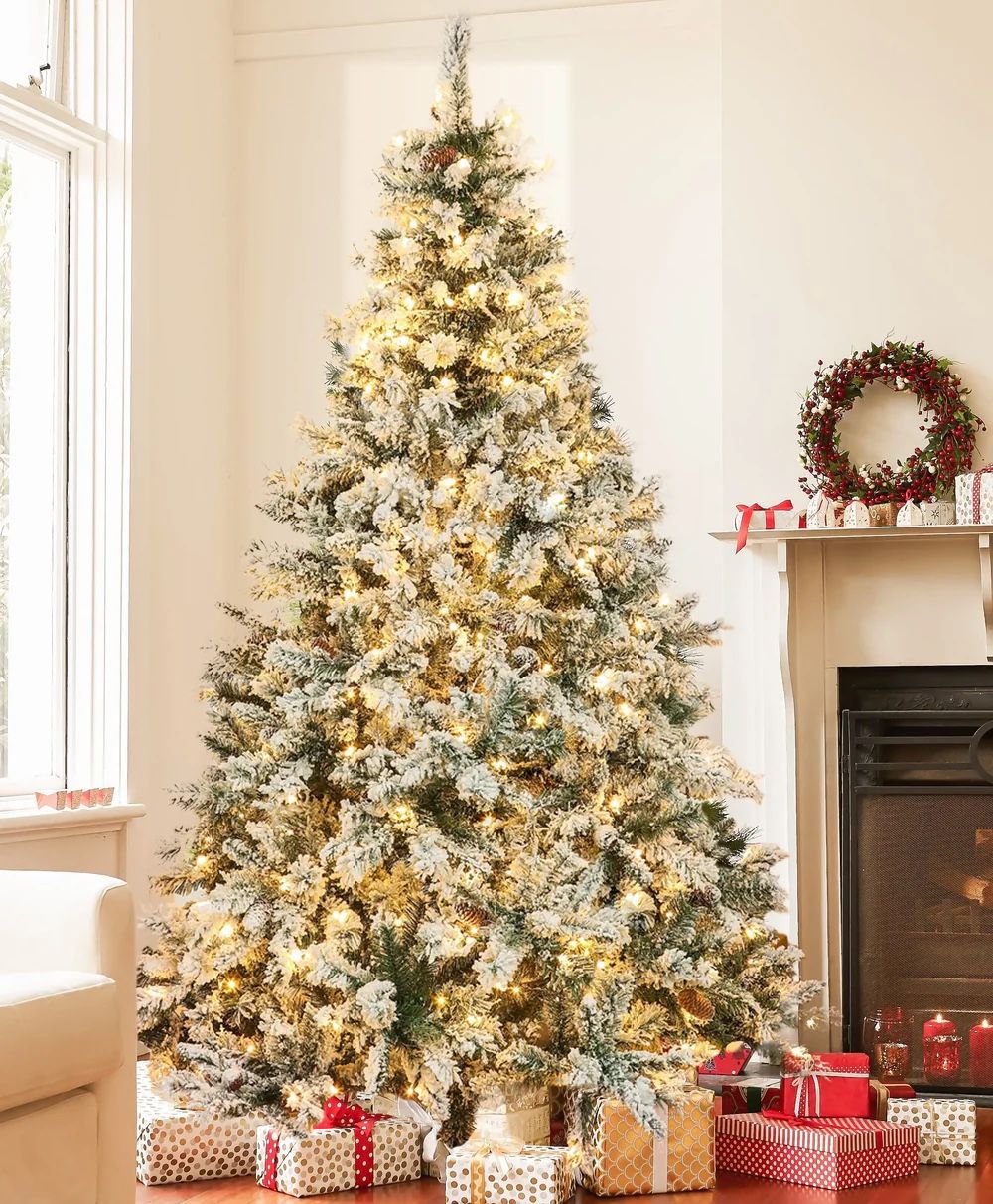 7 Ft Christmas Tree with Pine Cones Pre Lit Artificial Flocked Fir ，AP1401