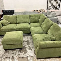 Green Corduroy Sectional Sofa With Ottoman 