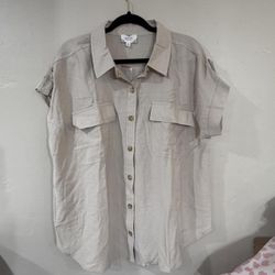 Perch by Blu Pepper Cream Linen Button-Up Short Sleeve Shirt Ladies 1X