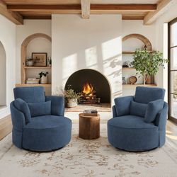 Set Of 2 Modern Upholstered Swivel Accent Chair Round Chair with Pillows Single Sofa Chair Chenille Armchair for Living Room - Blue