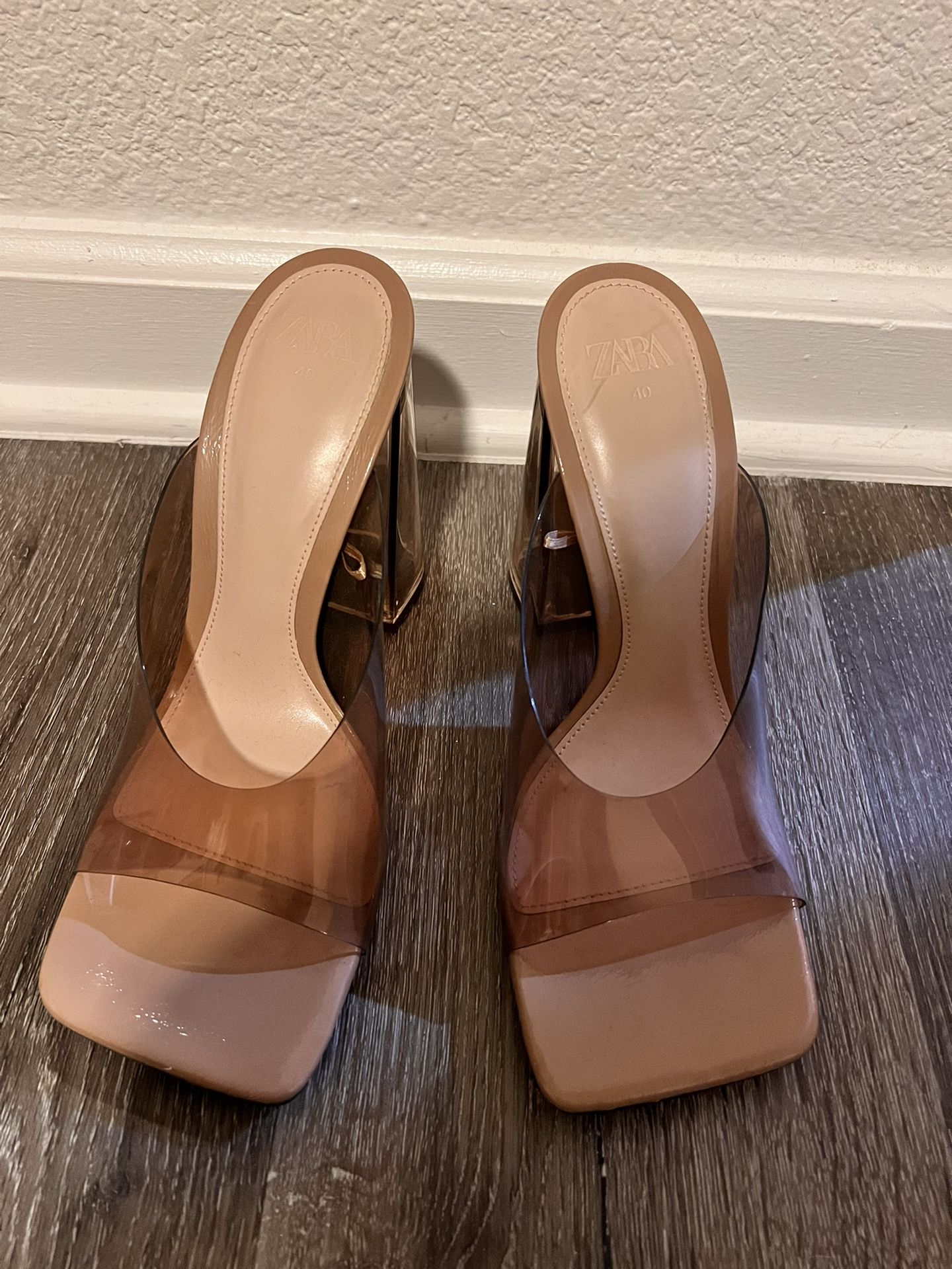 Zara, Clear Heels And Straps Nude, Square Toe Box Size 9