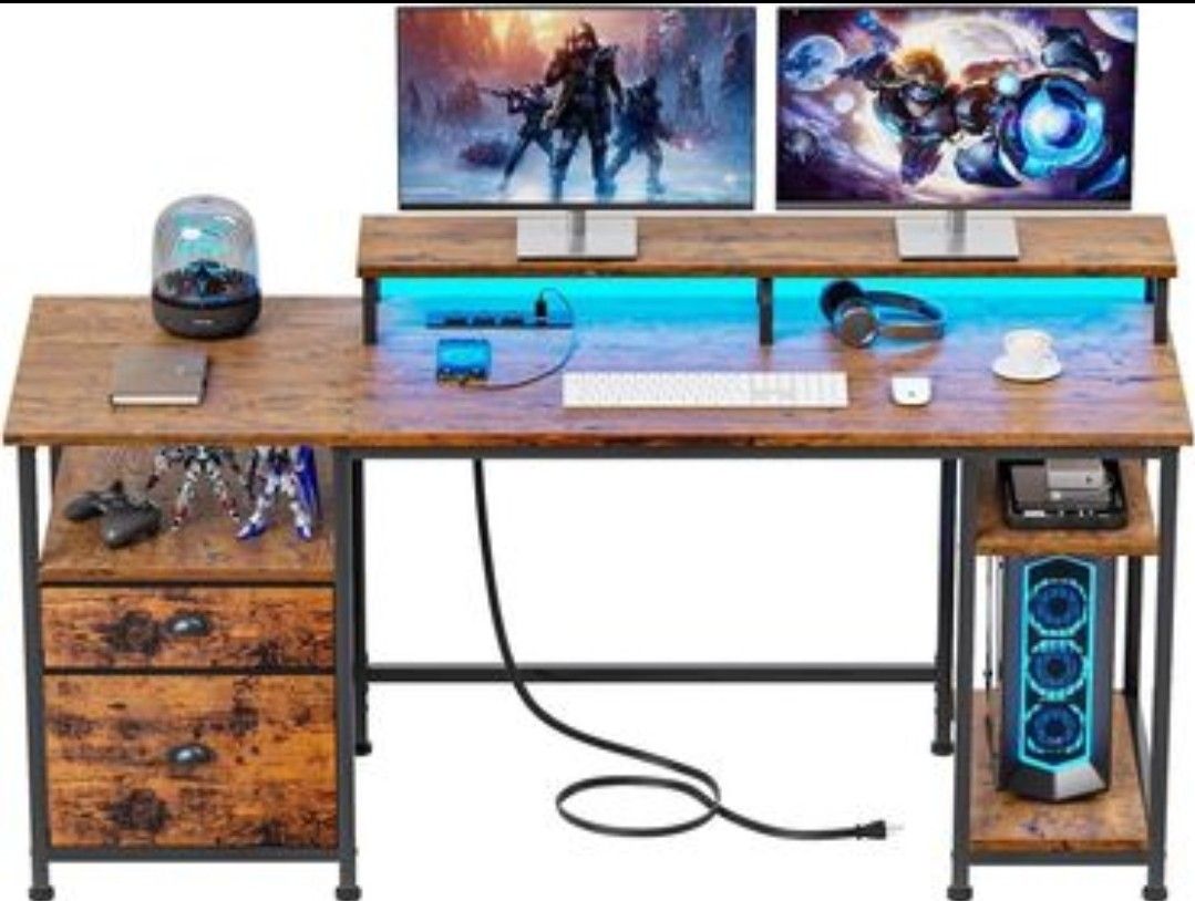 🔥🔥 61" Large Gaming/Office Desk with  Power Outlet, USB Ports, LED,  Shelves, Drawers,