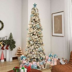Abble 6FT Snow Flocked Artificial Slim Pencil Christmas Tree with LED Warm White Lights and Metal Stand