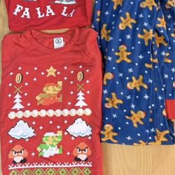 Men's teens tweens size small holiday blanket sleeper, ugly sweater and t shirt
