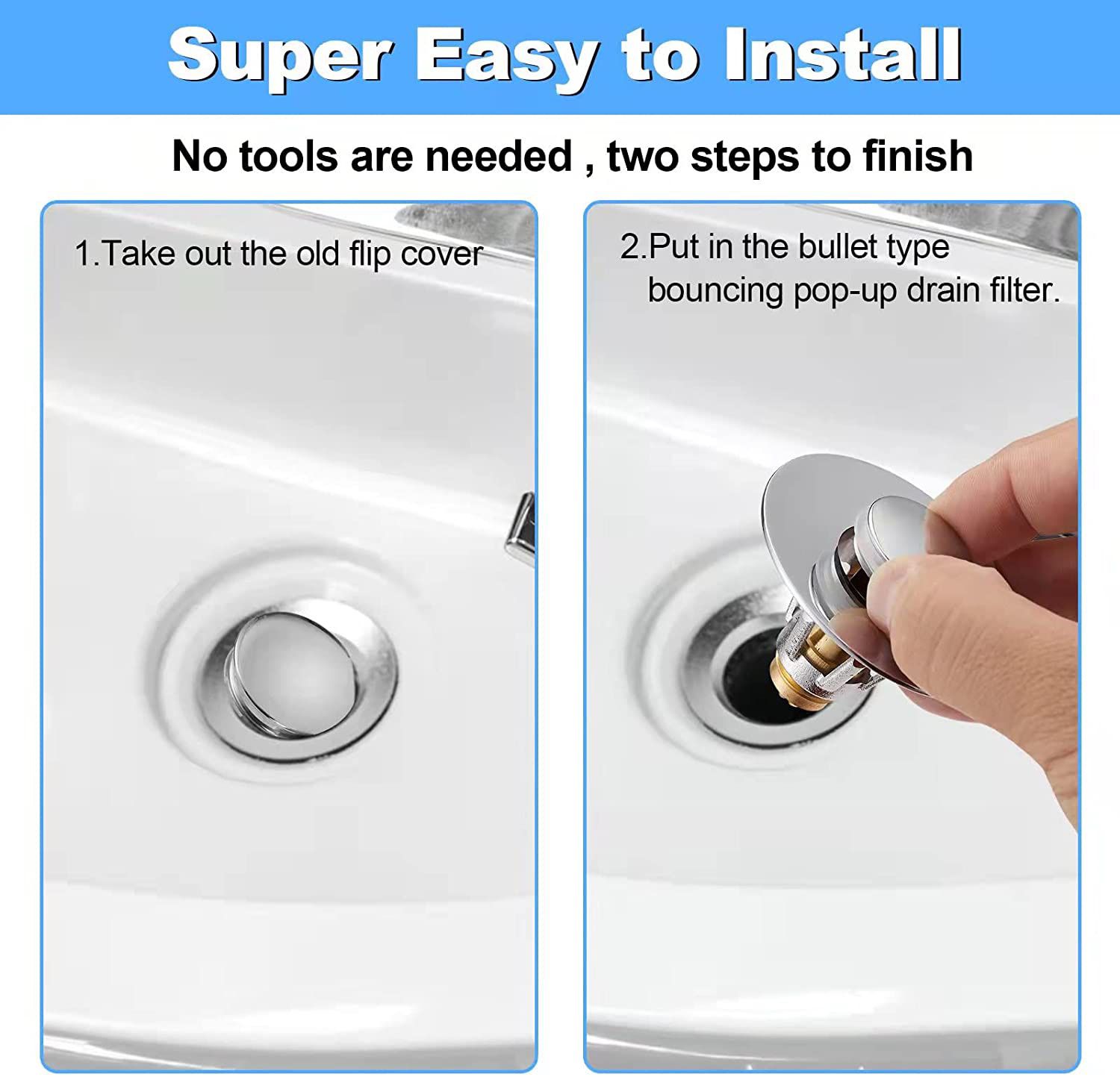 Bathroom Sink Stopper, Pop-Up Drain Filter, for 1.08-1.34 in U.S. Standard Drain Holes, Anti Clogging Sink Strainer with Basket, Bounce Bullet Core Ty