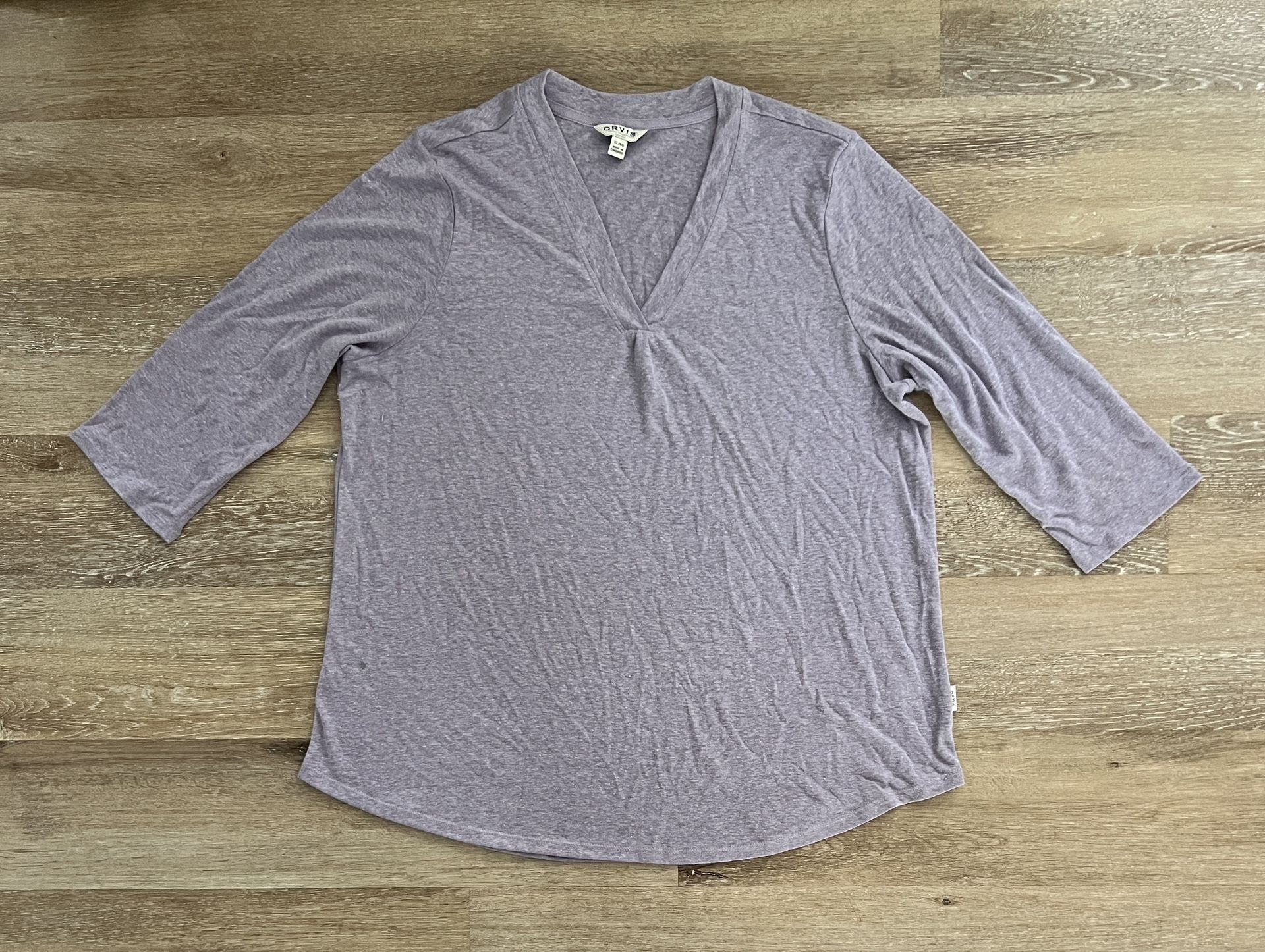 Orvis Blouse Womans Size XL Linen Blend Purple Tunic Top V-neck 3/4 Sleeve