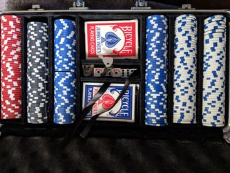 Poker metal case with keys, new chips and deck