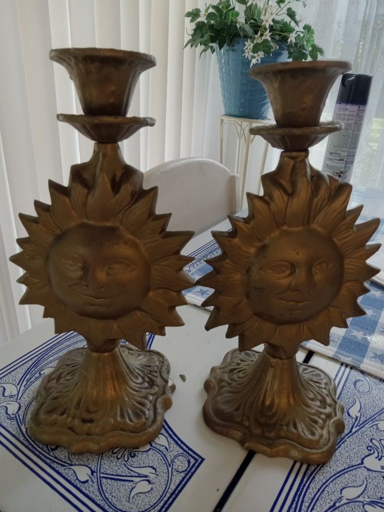 2 Brass Candle Holders Sunface 12 Inch
