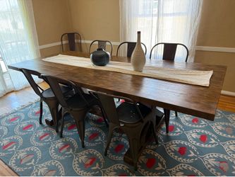 Huge wood dining table and 8 metal chairs  Set