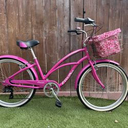 Electra Cruiser 7 Model. Women’s step through 7 speed beach cruiser bicycle.  26 inch. Beautiful Bright Fuchsia color.  Rides and Shifts smooth. 