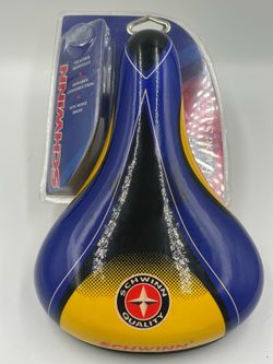 NOS Schwinn Racing Bicycle Saddle Blue Black Yellow Seat Fits Most Bikes New