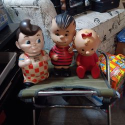 Peanuts Vintage 1950 Linus,baby Sally Brown And Big Boy Full Piggybank