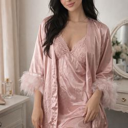 Pink Satin Robe Set w/ Lace & Feather Trim – Vintage Glam / Bridal / Self Care