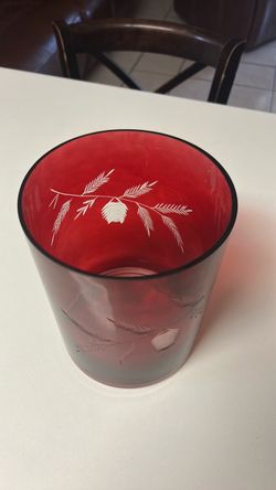 Red Glass Vase with Etched Floral Design