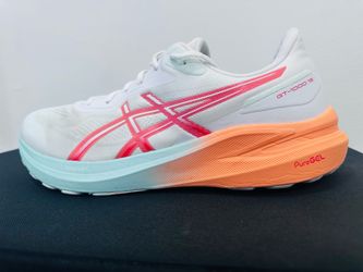 ASICS GT100013 WHITE RUNNING WITH CORAL, LIGHT BLUE & PEACH ACCENTS SIZE 15 MENS
