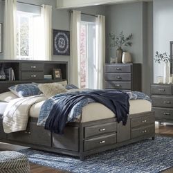 Caitbrook Gray Bookcase Storage Platform Bedroom Set