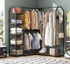 JW0199 L Shape Clothes Rack, Corner Garment Rack with Storage Shelves and Hanging Rods, Space-Saving