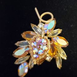 Vintage Flower Brooch Statement Piece In Goldtone With Rhinestones.