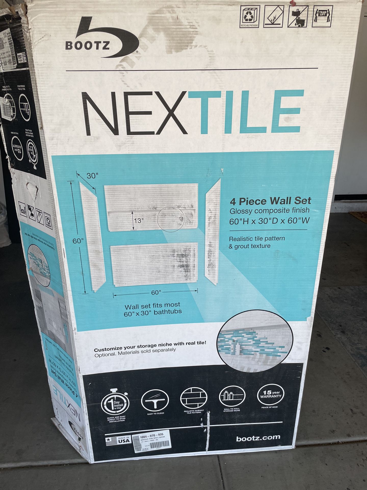 Nextile 30 in. x 60 in. x 60 in. 4-Piece Direct-to-Stud Alcove Tub Surround in White