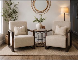 Pair of Modern Linen Accent Chairs - Wood Frame