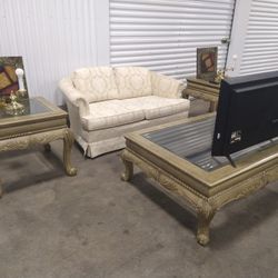 VINTAGE LOVESEAT/2 BRASS MID CENTURY SWING ARM LAMPS/2 Textured WALL ART/39"VIZIO/3 HARDWOOD END TABLES
