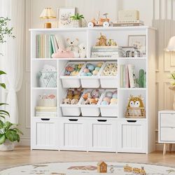 Toy Storage Organizer with 6 Toy Bins, Toy Organizer Kids Bookshelf with 4 Movable Drawers and 6 Storage Cubbies, Toy Bins for Kids Organizer Playroom