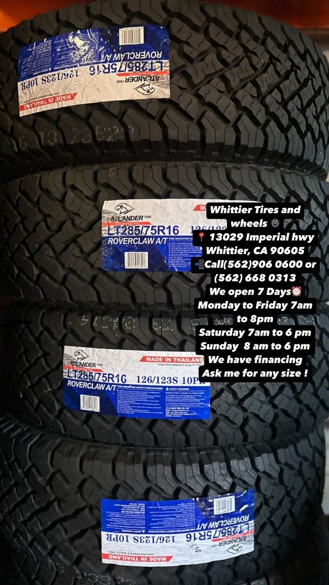 SET OF NEW TIRES LT285/75R16 ATLANDER AT , INCLUDING MOUNTING AND BALANCING. ASK ME FOR ANY SIZE OR BRAND, WE HAVE THE BEST PRICES OF CALIFORNIA