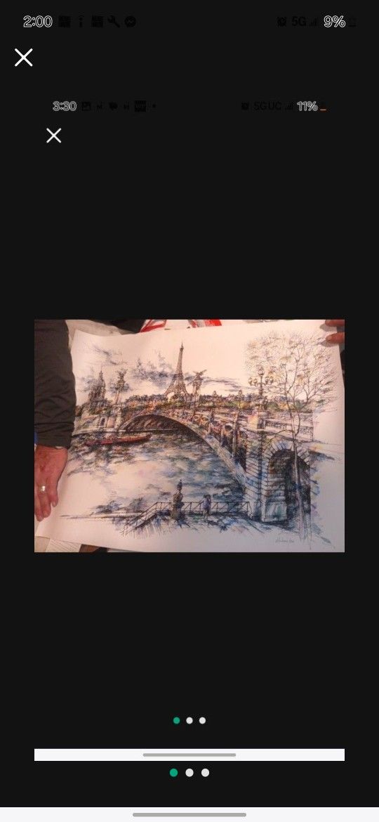 AHLOAS LARGE ORIGINAL WATERCOLOR & INK PARIS CANAL STREET SCENE PAINTING 1992