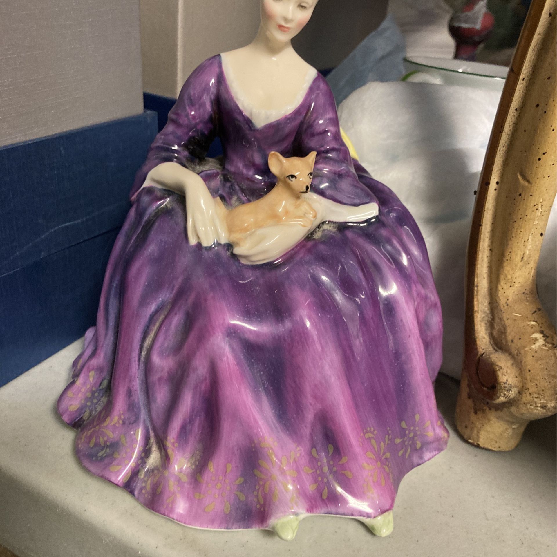 Royal Doulton CHARLOTTE.  Pretty Seated Porcelain Figurine Of Lady With Dog.  1971 Doll.  Perfect !!