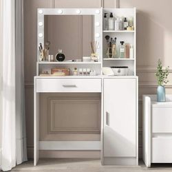 NEW Open Box Vanity Desk w/ Mirror + LED Lights - White