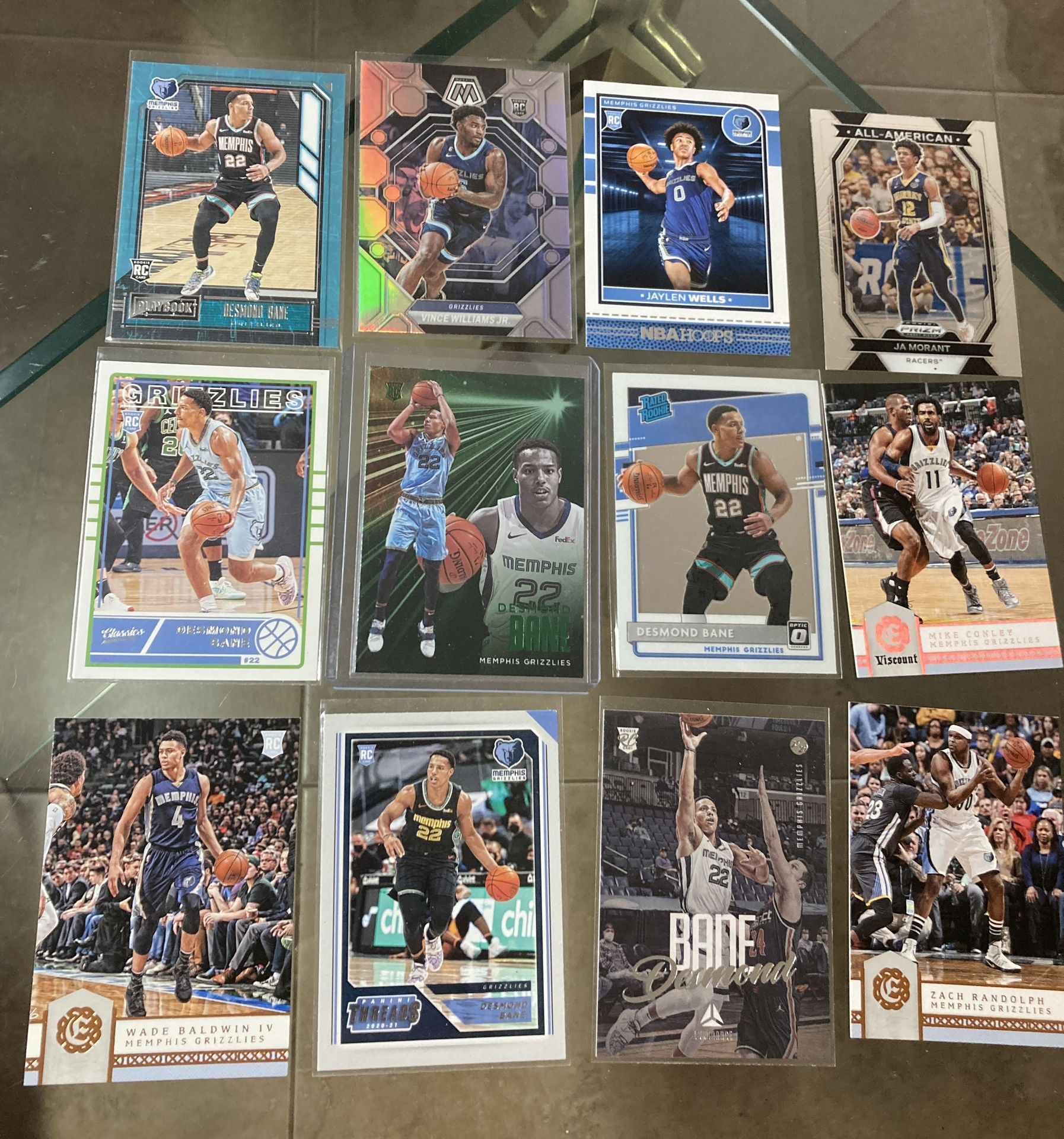 12 card NBA basketball Grizzlies Desmond Bane Optic Rated Rookie Ja Morant Prizm Hoops Illusions Luminesce etc All cards are In good condition near mi